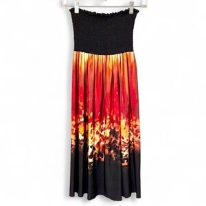 Sz S/M Strapless Scrunch Abstract Watercolor Print Empire Midi Sundress